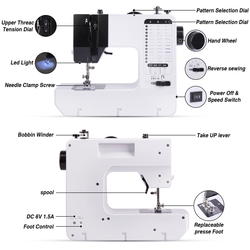 Portable Sewing Machine for Beginners with 38 Stitches & Extension Table - Dual Speed