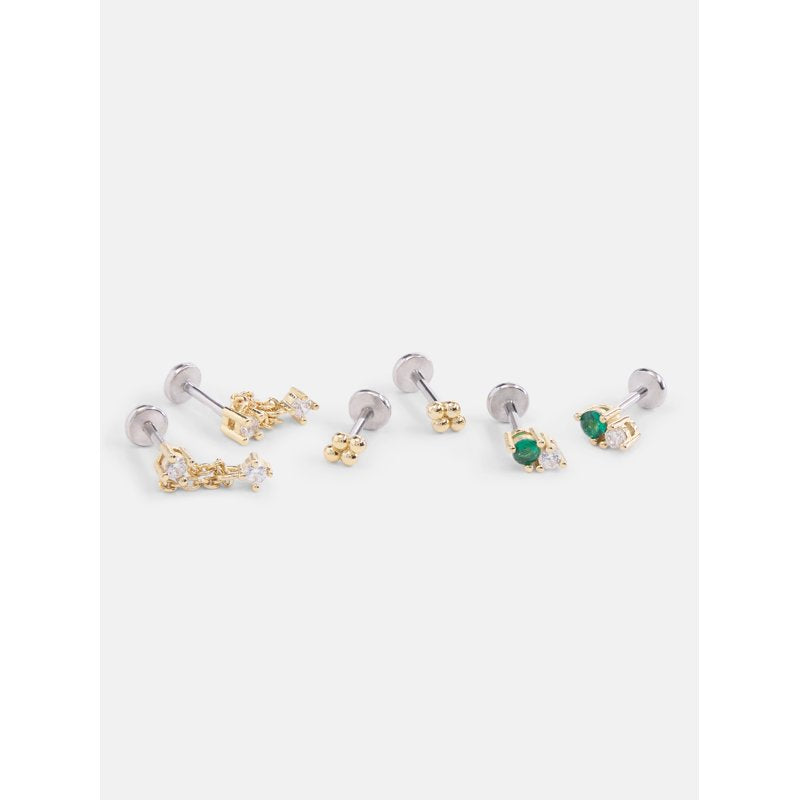 Women's 14K Gold Plated Cubic Zirconia Stud Earrings Set - 3 Pairs