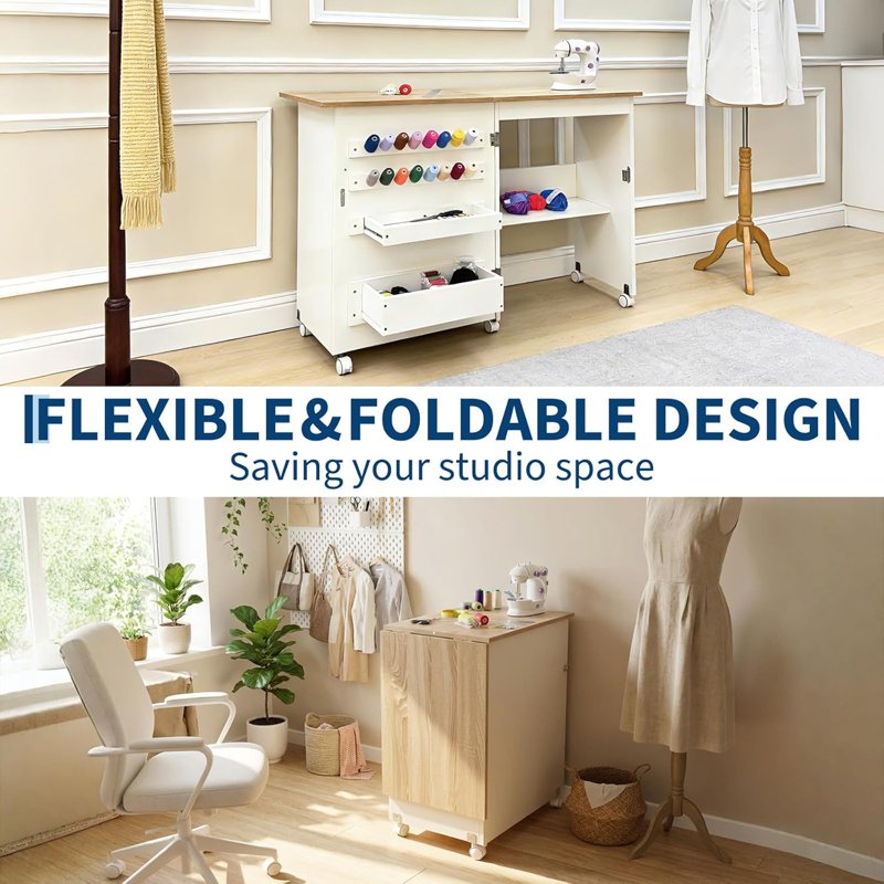 Portable Folding Sewing Table with Wheels, Storage Shelves & Trays