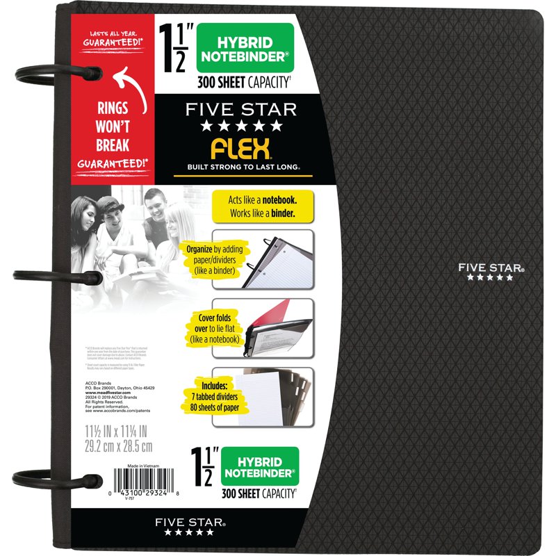 5-Star Flex 1.5-Inch Hybrid Notebook Binder with Rings, Black