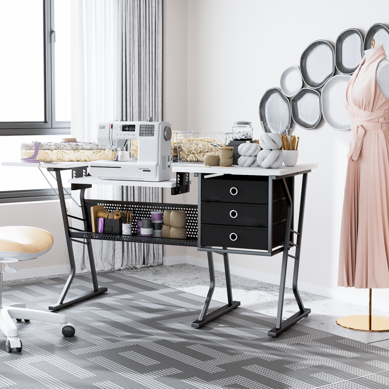 Sewing Machine Table with Fold-Down Top & Storage Shelves - White, Adjustable Height