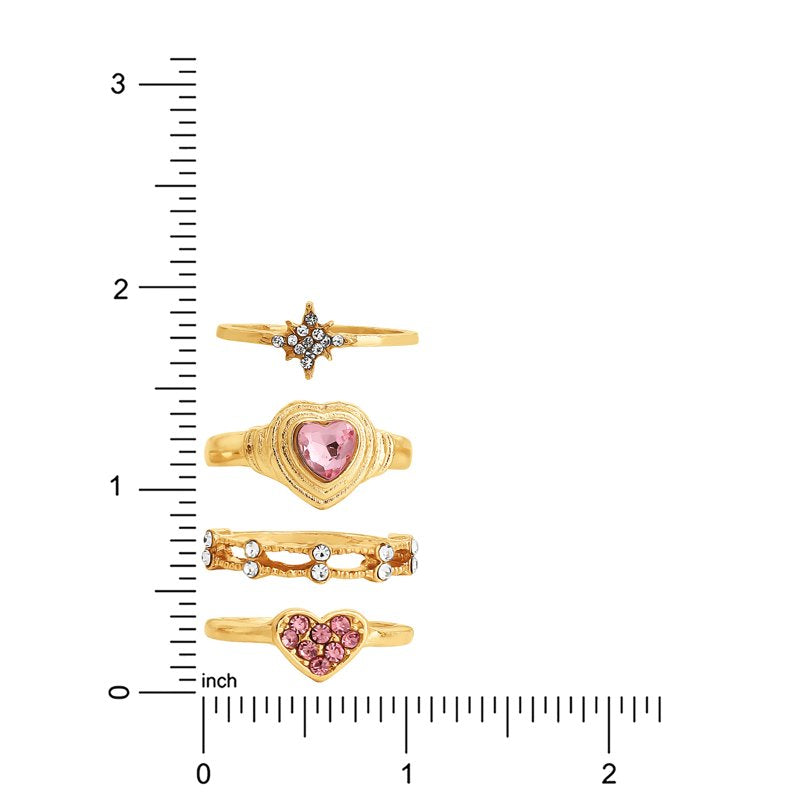 Gold-Tone Heart Rhinestone Ring Set for Women - 5 Pieces, Sizes 5-9