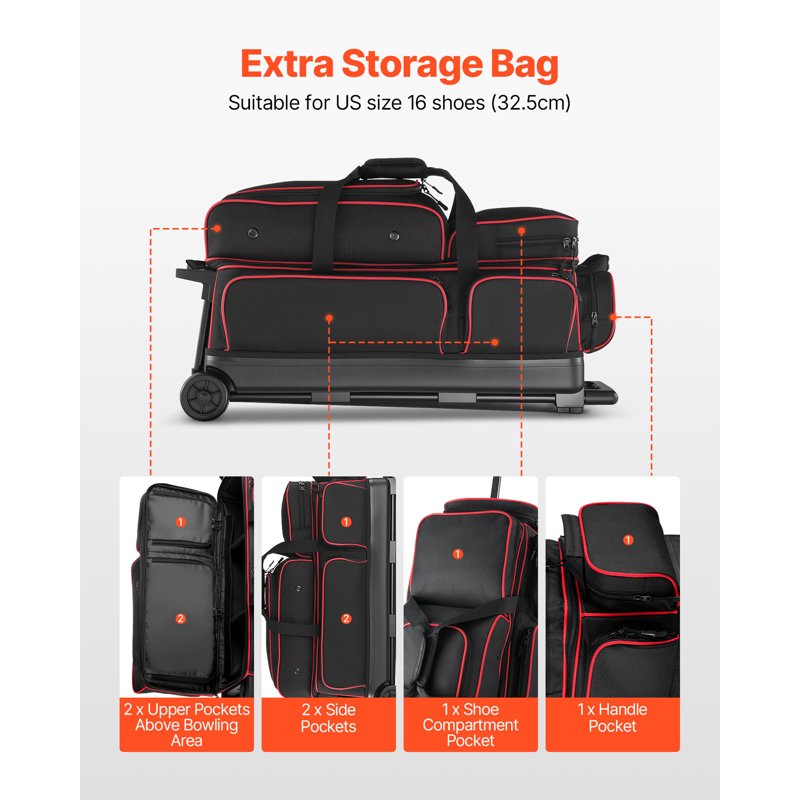 3-Ball Bowling Bag with Wheels, Shoe Compartment & Large Accessory Pocket