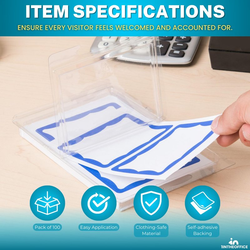 Self-Adhesive Name Tag Stickers - Blue Labels, Removable, 100 Pack