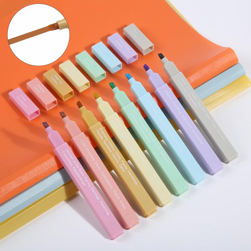 Bible Highlighters with Color-Coding System, 8 Pack - Soft Pastel Chisel Tip