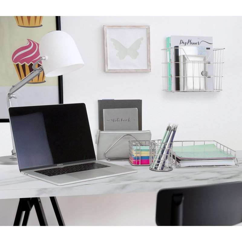 5-Piece Metal Desk Organizer Set - Silver Office Storage & Stationery Organizer