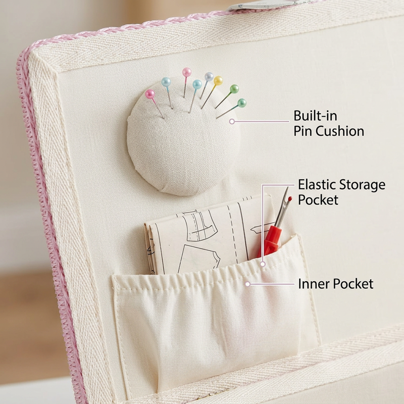 Vintage Wooden Sewing Basket Organizer with Removable Tray and Pin Cushion