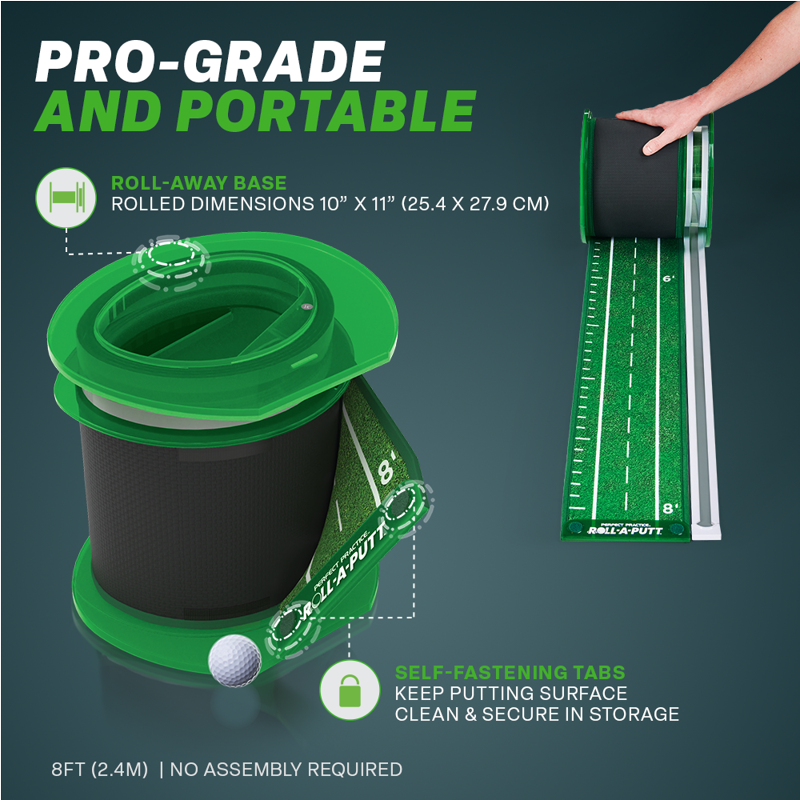 Roll-A-Putt 8 ft Putting Mat with Crystal Velvet Surface & Auto Ball Return