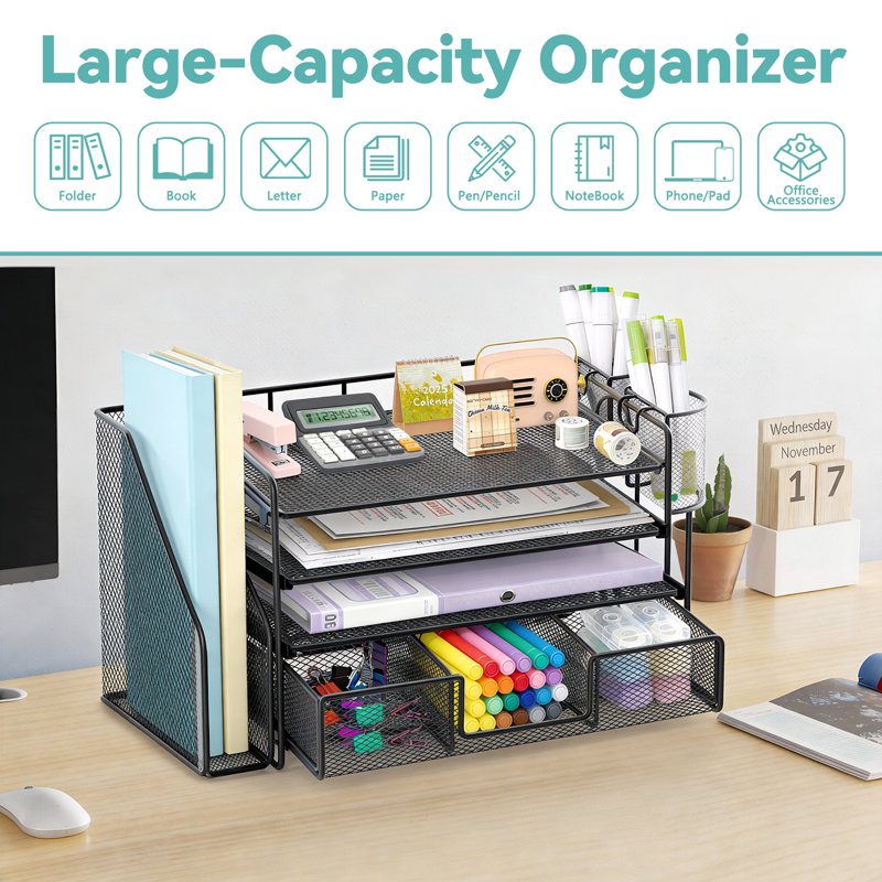 4-Tier Desktop File Organizer with Drawer and Pen Holders - Office Desk Accessories