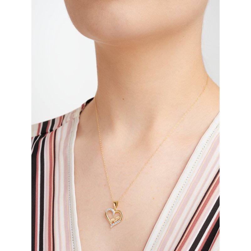 Sterling Silver Mom Heart Pendant Necklace with Cubic Zirconia, 18 Inch Chain