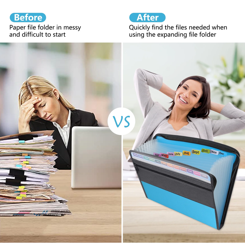 Accordion File Organizer with 13 Pockets, Zipper Closure, A4 Letter Size, Portable Office & School Document Folder — Blue