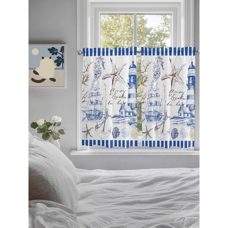 Navy Blue Coastal Tier Curtains - Light-Filtering Window Treatment for Bedroom & Bathroom