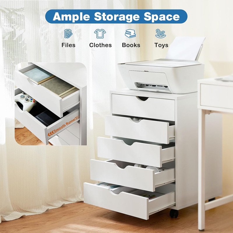 Wooden Rolling File Cabinet with 5 Drawers - Mobile Storage for Home Office