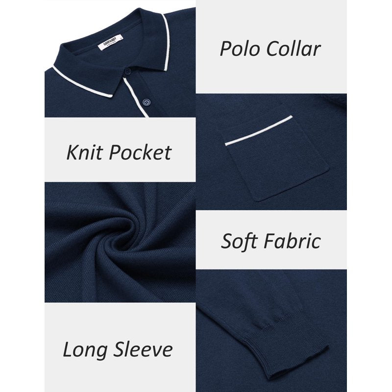 Men's Knit Polo Shirt Long Sleeve Casual Business Sweater with Pocket