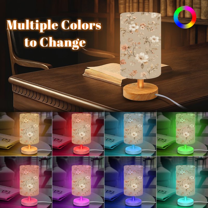 Dimmable Floral Table Lamp with Wood Base and Fabric Shade - Nightstand Light for Bedroom, Nursery, Kids Gift