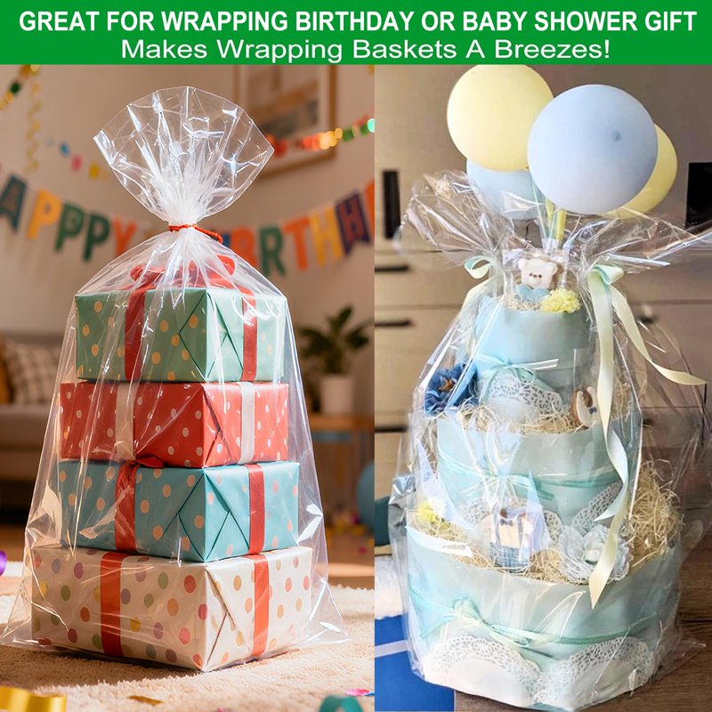 Large Clear Cellophane Gift Bags 30x40 Inch - Bulk Pack of 5 Heavy Duty Wraps for Baskets & Party Favors