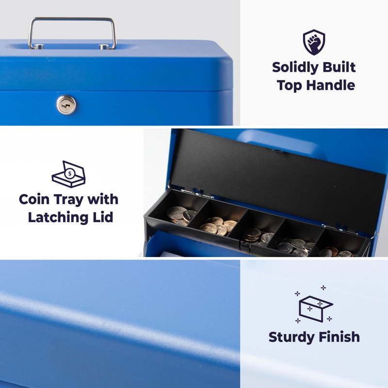 Large Metal Cash Box with Key Lock and Removable Money Tray - Portable Secure Safe for Yard Sale, Garage Sale, and Business Use