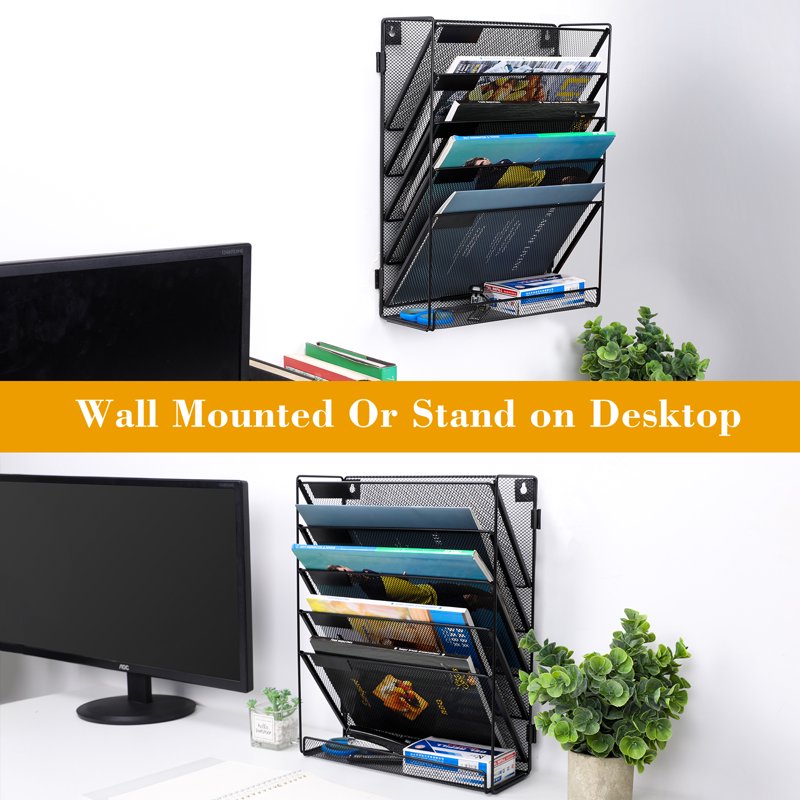 Mesh 5-Tier Wall Mount File Organizer with Bottom Tray for Office & Home