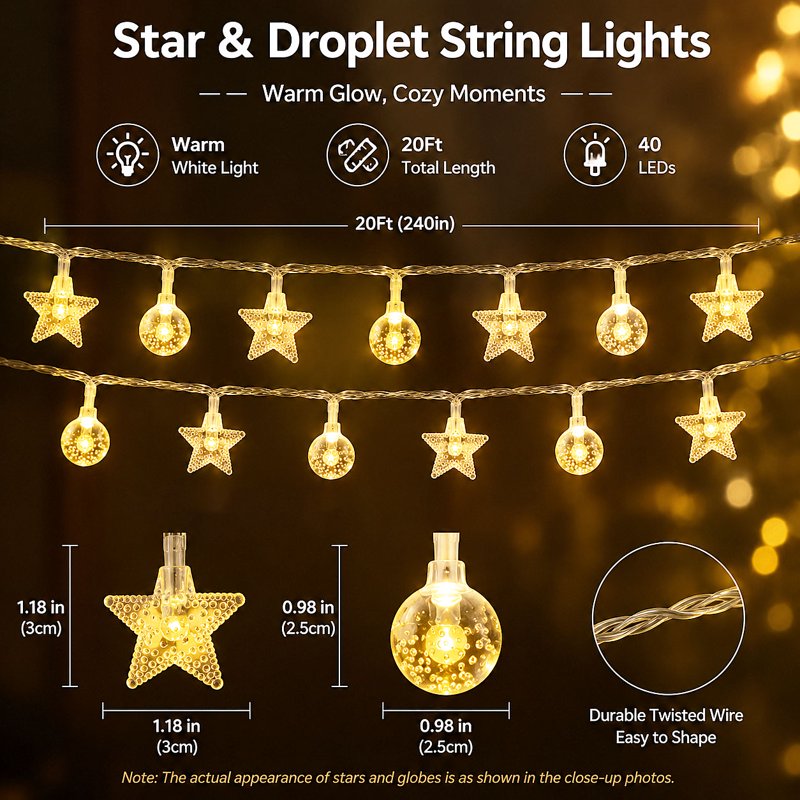 20 Ft Indoor & Outdoor String Lights with 40 LEDs, Waterproof Fairy Lights for Decor