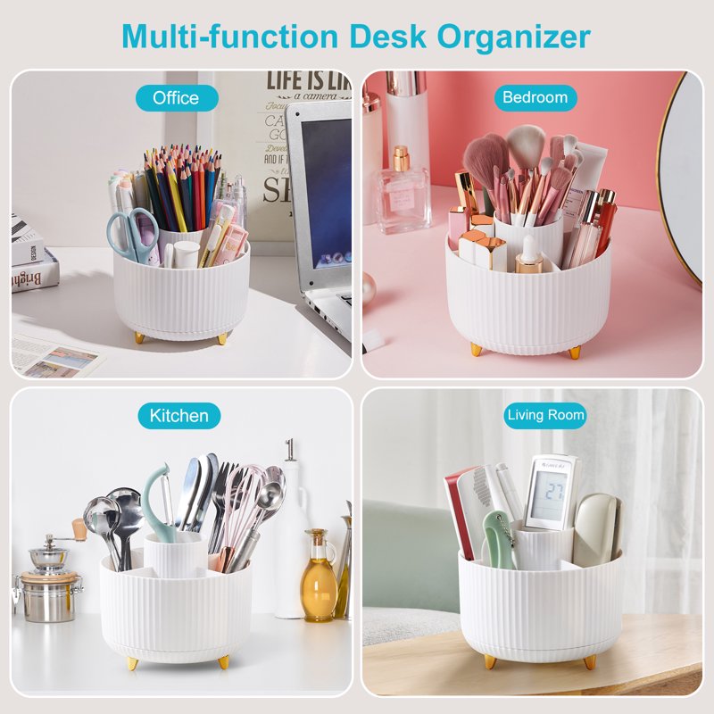 Rotating Desk Pencil Organizer with 5 Compartments - White