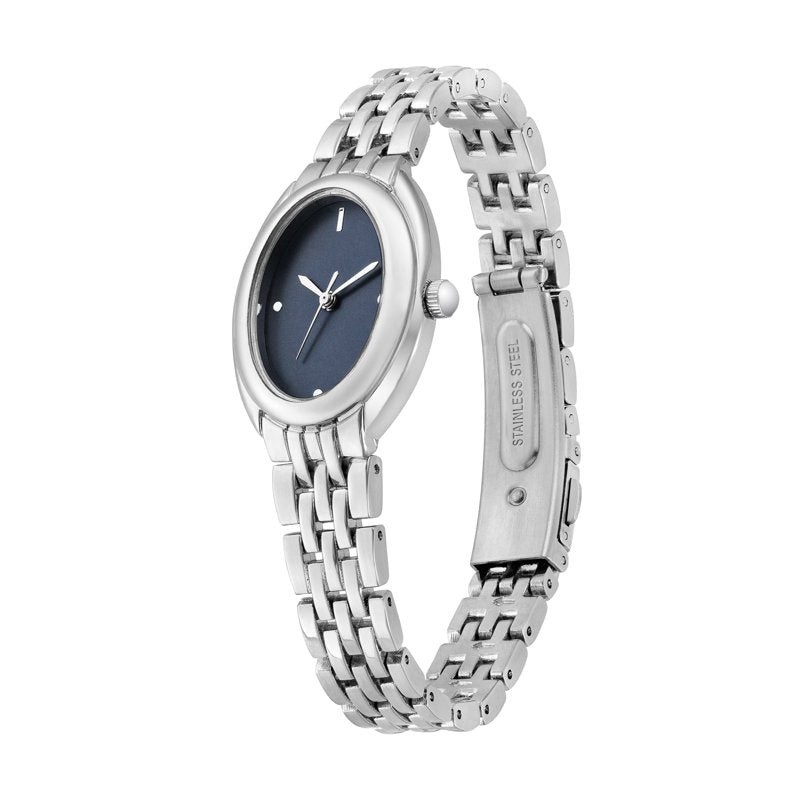 Women's Silver-Tone Wristwatch with Blue Dial and Stainless Steel Bracelet