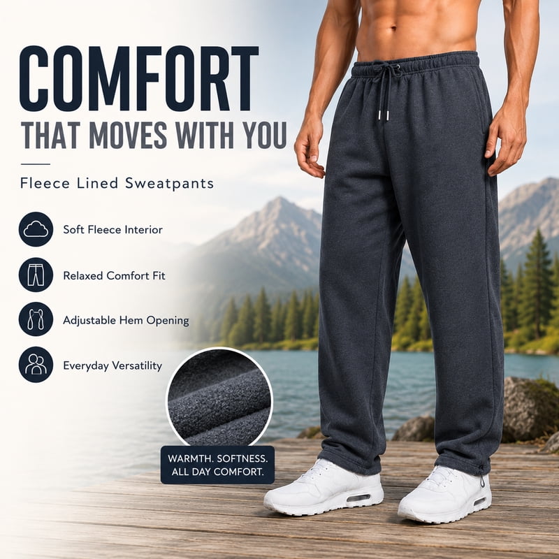Men's Fleece-Lined Open Bottom Joggers - Heavyweight Casual & Gym Pants