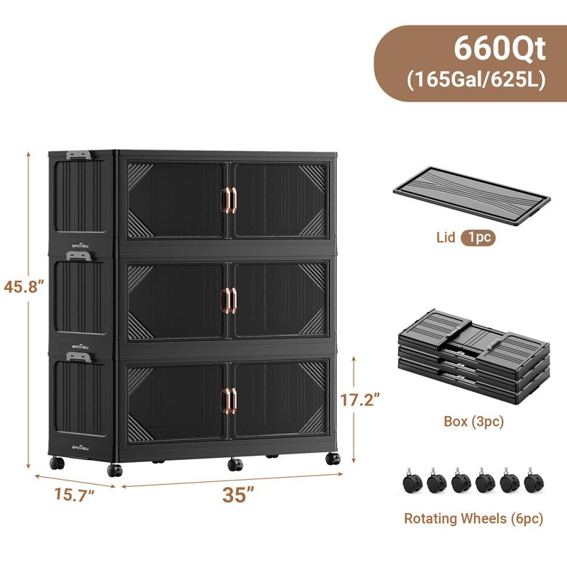 Large Stackable Storage Bins with Lids - Collapsible Closet Organizers, Wheels and Anti-Tip Design, 3 Pack