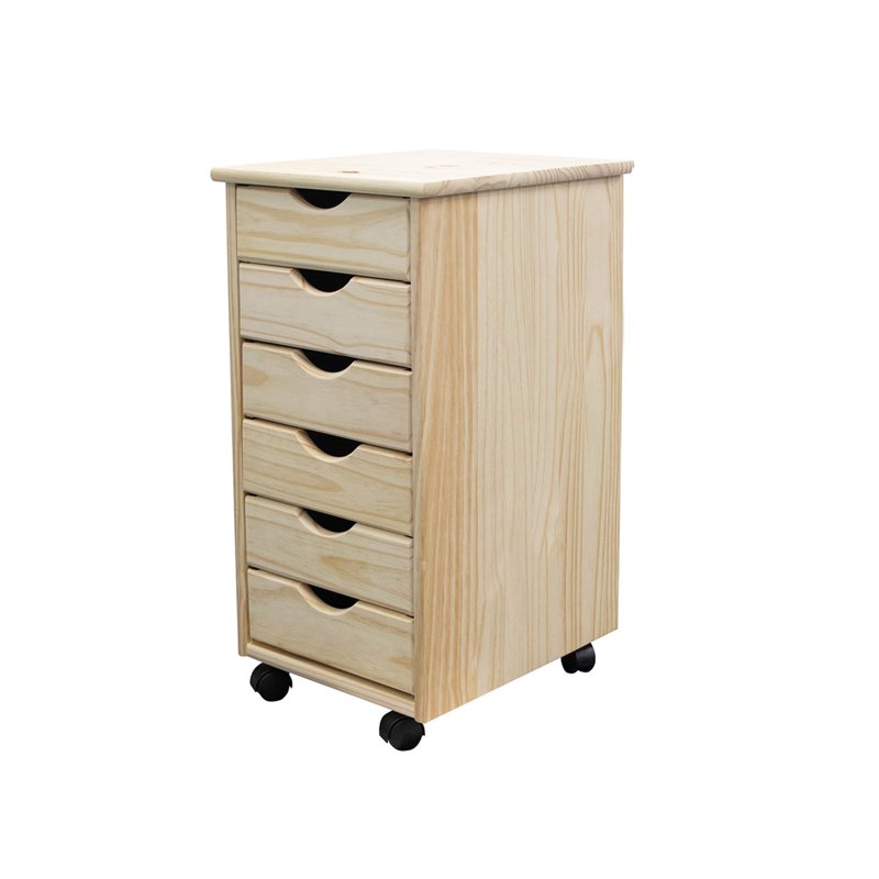 Solid Wood Mobile Storage Cart with 6 Drawers - Unfinished Pine, Versatile Organizer
