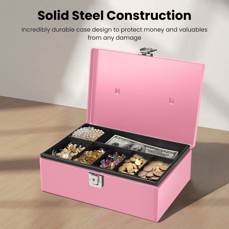 Pink Metal Cash Box with Lock & 7-Compartment Money Tray - Secure Storage for Small Businesses