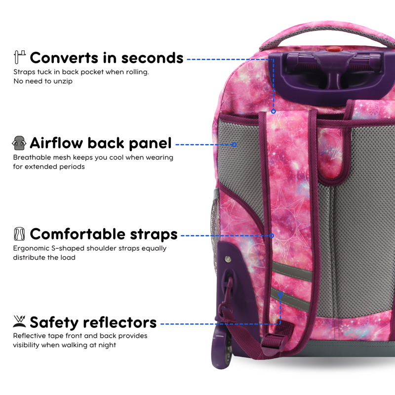 Unisex 18-Inch Rolling Backpack for School and Travel - Purple Galaxy
