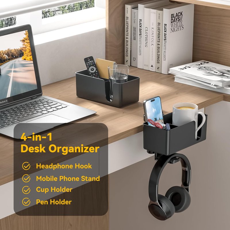 4-in-1 Desk Cup Holder & Headphone Organizer Clip - Under Desk Storage