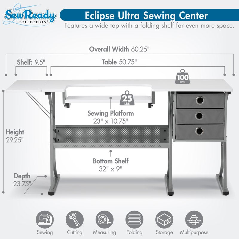 Large Sewing Machine Table with Storage, Adjustable Shelf & Foldable Side Shelf