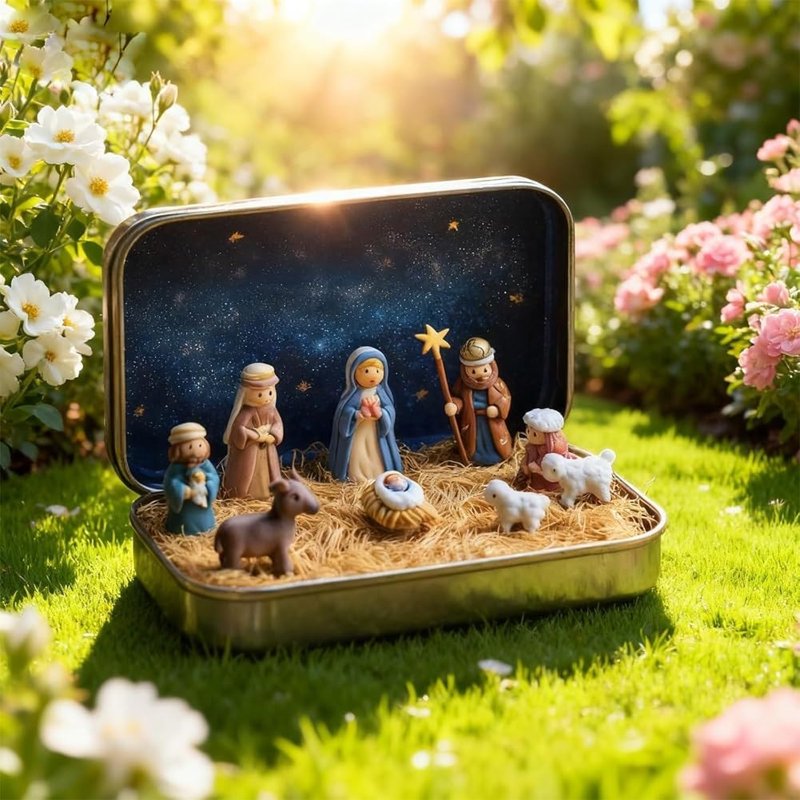 Mini Nativity Set in Decorative Tin Box - Portable Religious Figurines for Travel & Home
