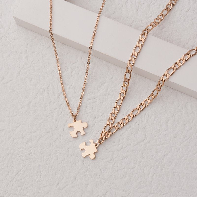 Tiny Puzzle Piece Couple Necklace Set - Anniversary Gift for Boyfriend and Best Friend - Stainless Steel Jewelry with Gift Box