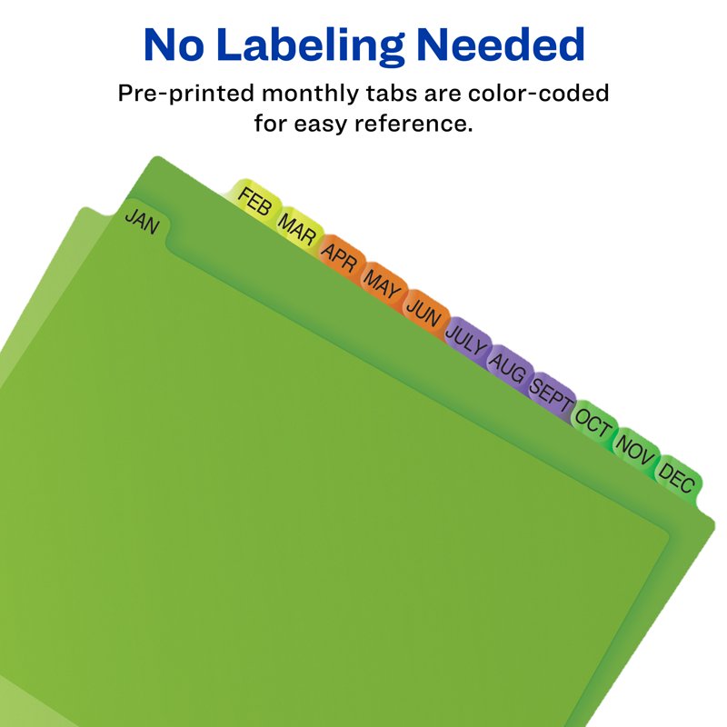 Preprinted Plastic Divider Set with 12 Color-Coded Tabs for Organizing Documents