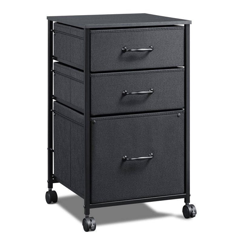 3-Drawer Mobile File Cabinet with Fabric Organizers and Wood Grain Top - Black