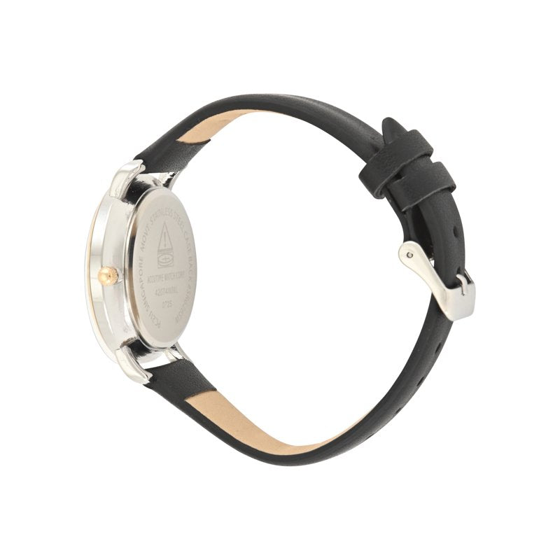 Ladies Two-Tone Round Case Watch with Faux Eye Dial and Black PU Strap