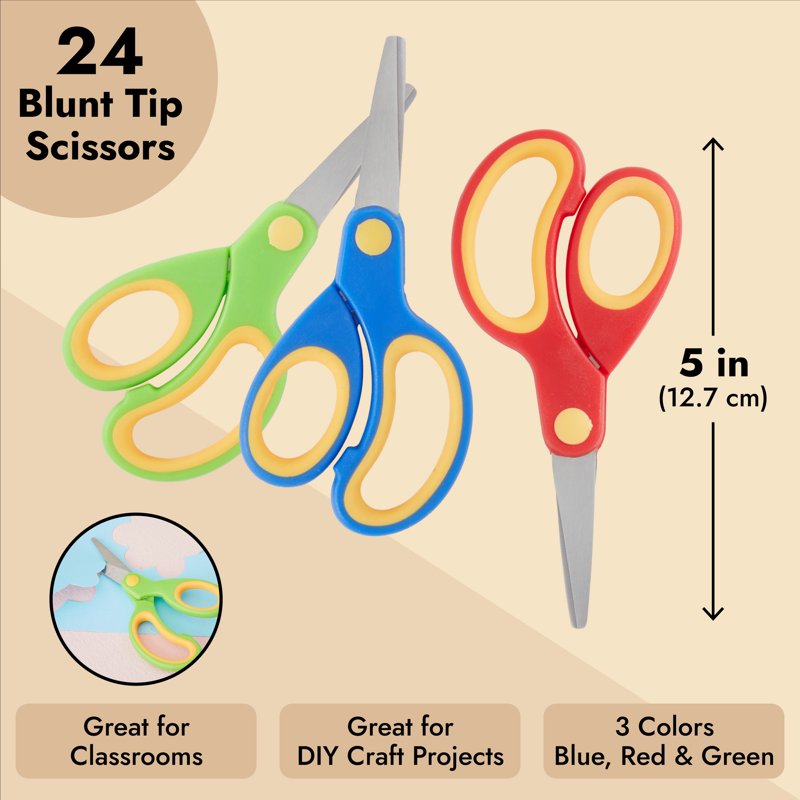 Multicolor 5-Inch Blunt Tip Scissors - 24 Pack, Classroom Craft Safety