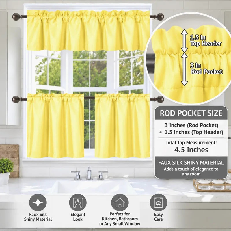 Faux Silk Blackout Kitchen Curtain Set - 3-Piece Window Treatment, Multiple Colors