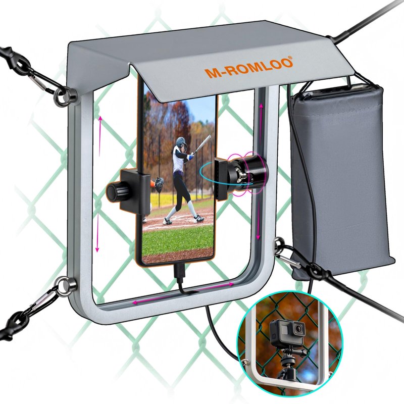 Rotating Cell Phone Fence Mount with Sunshade Waterproof Power Bank Pouch - Aluminum