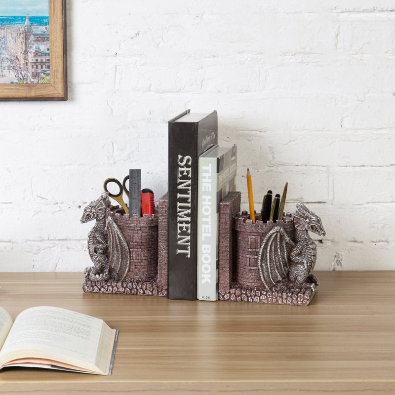 Dragon Castle Bookends with Pencil Holders - Fantasy Decor