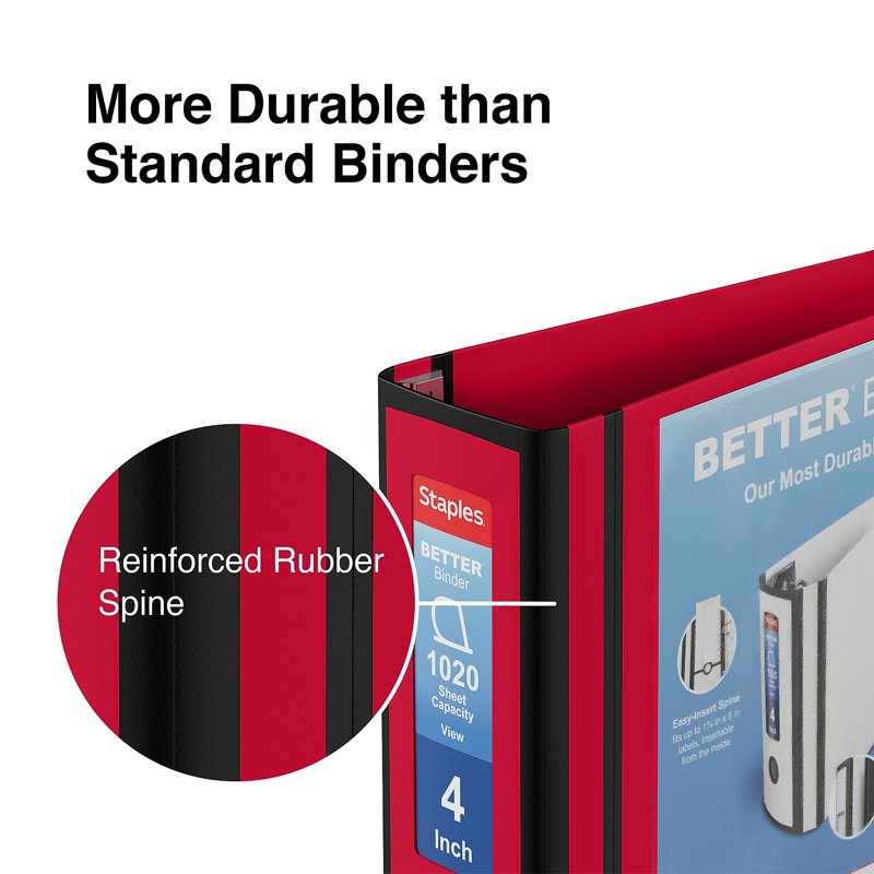 4-Inch 3-Ring View Binder for Office & School Documents, Red