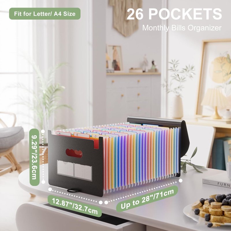 26-Pocket Accordion File Organizer with A-Z Tabs, Expandable Letter Size Paper Folder