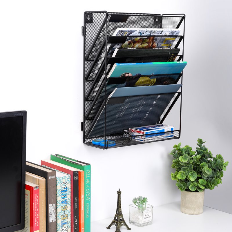 Mesh 5-Tier Wall Mount File Organizer with Bottom Tray for Office & Home