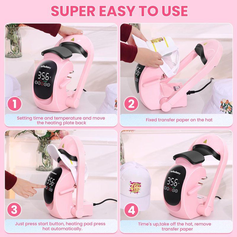 3-in-1 Cap Heat Press Machine with Replaceable Heating Pads - Pink