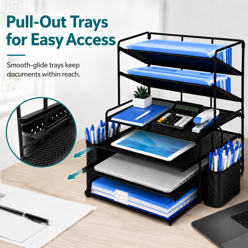 6-Tier Metal Desk Organizer with File Trays & Pen Holders - Office & Home