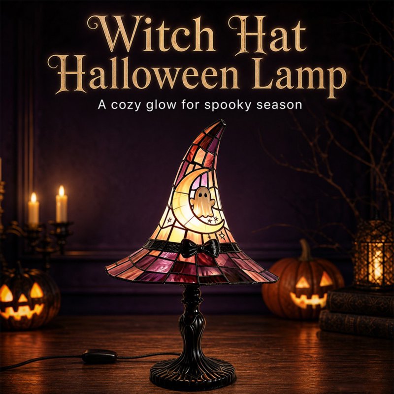 Stained Glass Witch Hat Lamp - Halloween Table Decor with Pink Purple Ghost Moon - 7 Inch Tiffany Night Light