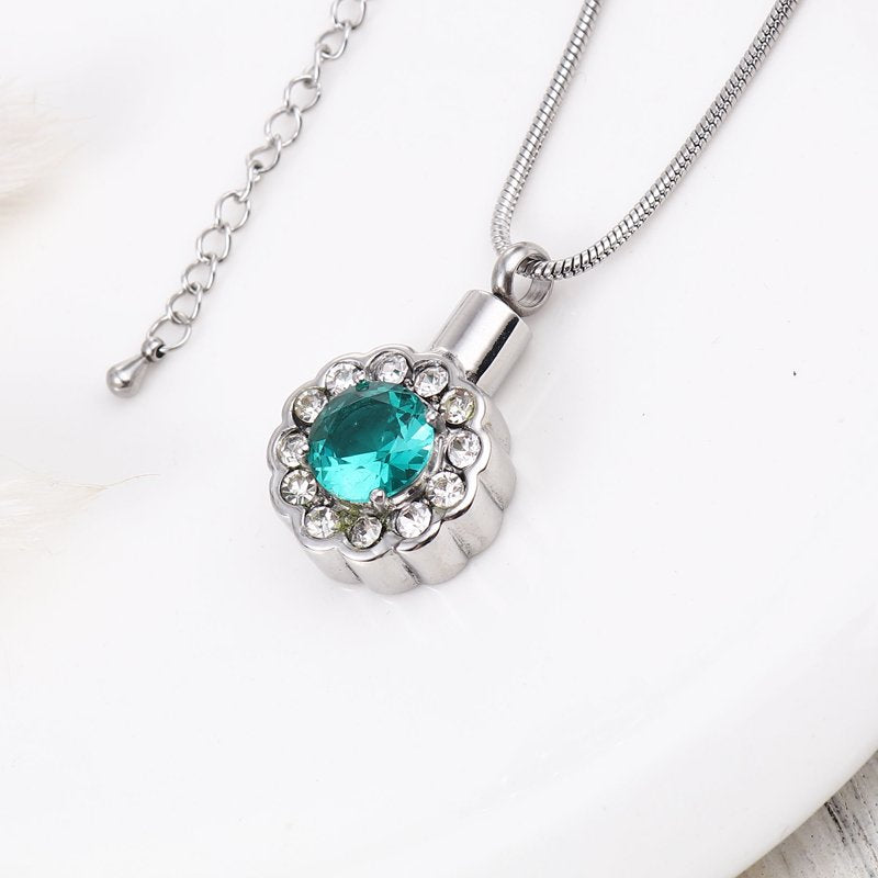 Green Crystal Rhinestone Flower Cremation Necklace Memorial Jewelry Keepsake Pendant