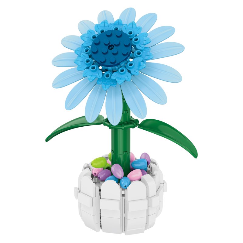 Build-Your-Own Blue Sunflower Brick Kit with Picket Fence Pot - 213 Pieces