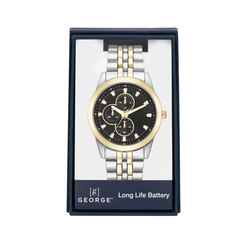 Men's Two-Tone Bracelet Wristwatch with Black Dial - Silver & Gold Finish